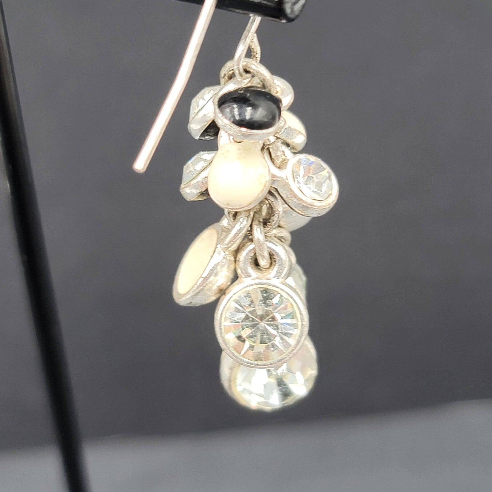 Pierced Earrings Silver tone Enamel Crystal Rhinestone Cluster Bead 1.5"