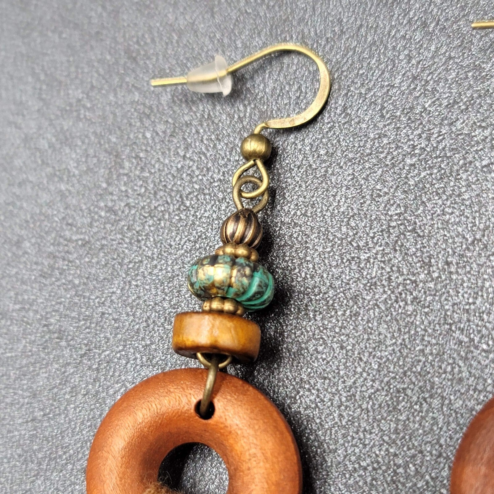 New Boho Pierced Earrings Bronze tone Wood Ring Tassel Dangle 2.25"