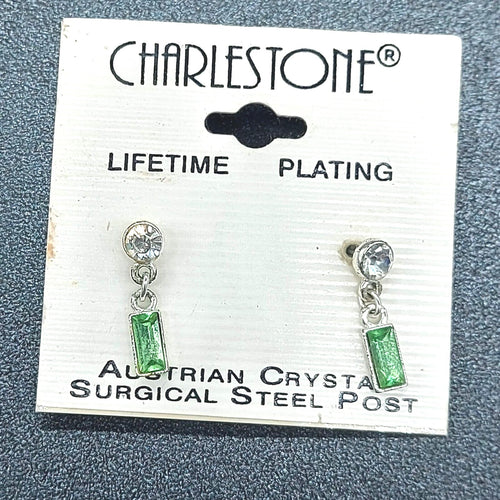 Charleston Pierced Earrings Austrian Green Crystal Silver tone Dangle 3/4"