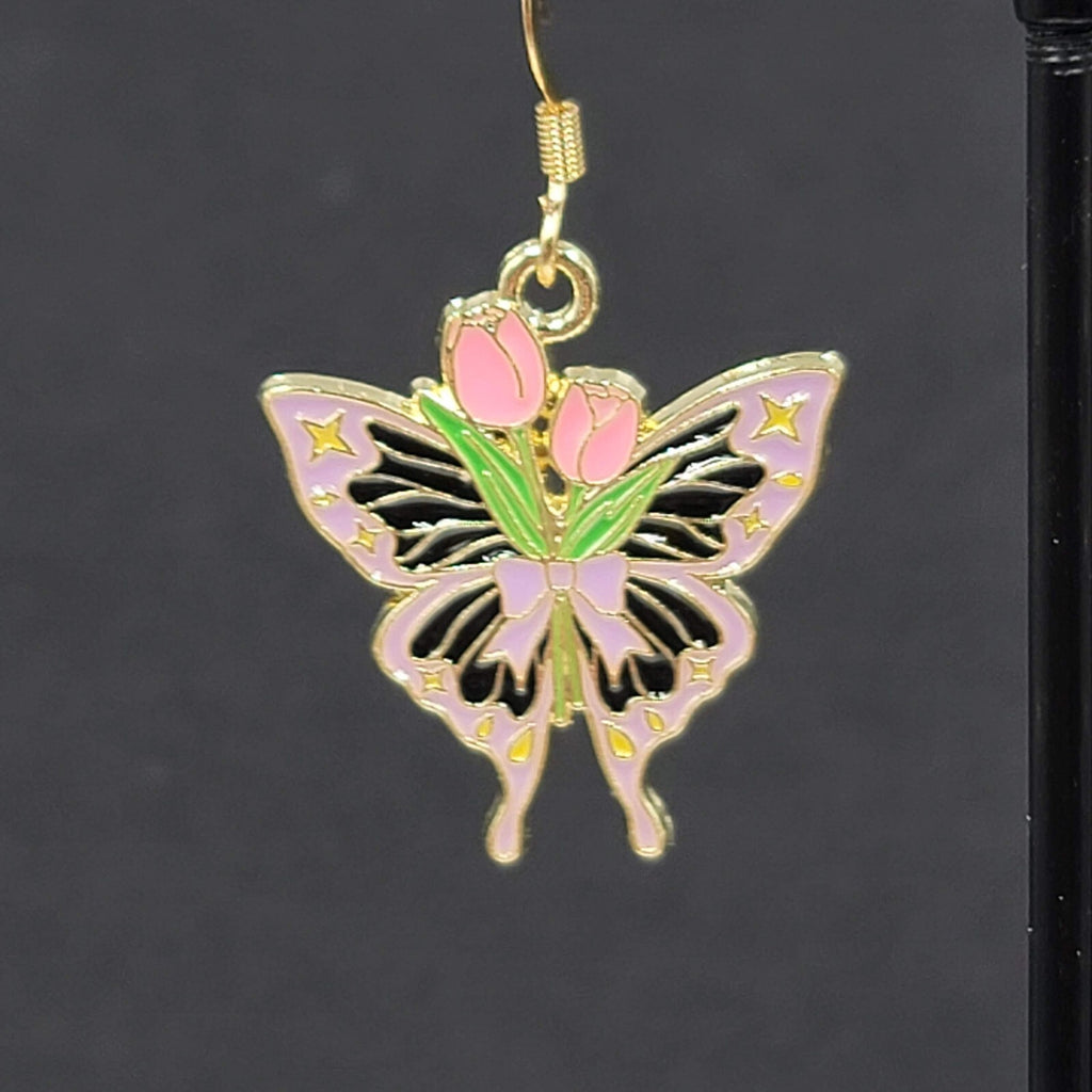 Pink Tulip Purple Moth Enamel Pierced Earrings Gold tone Dangle Butterfly 1"