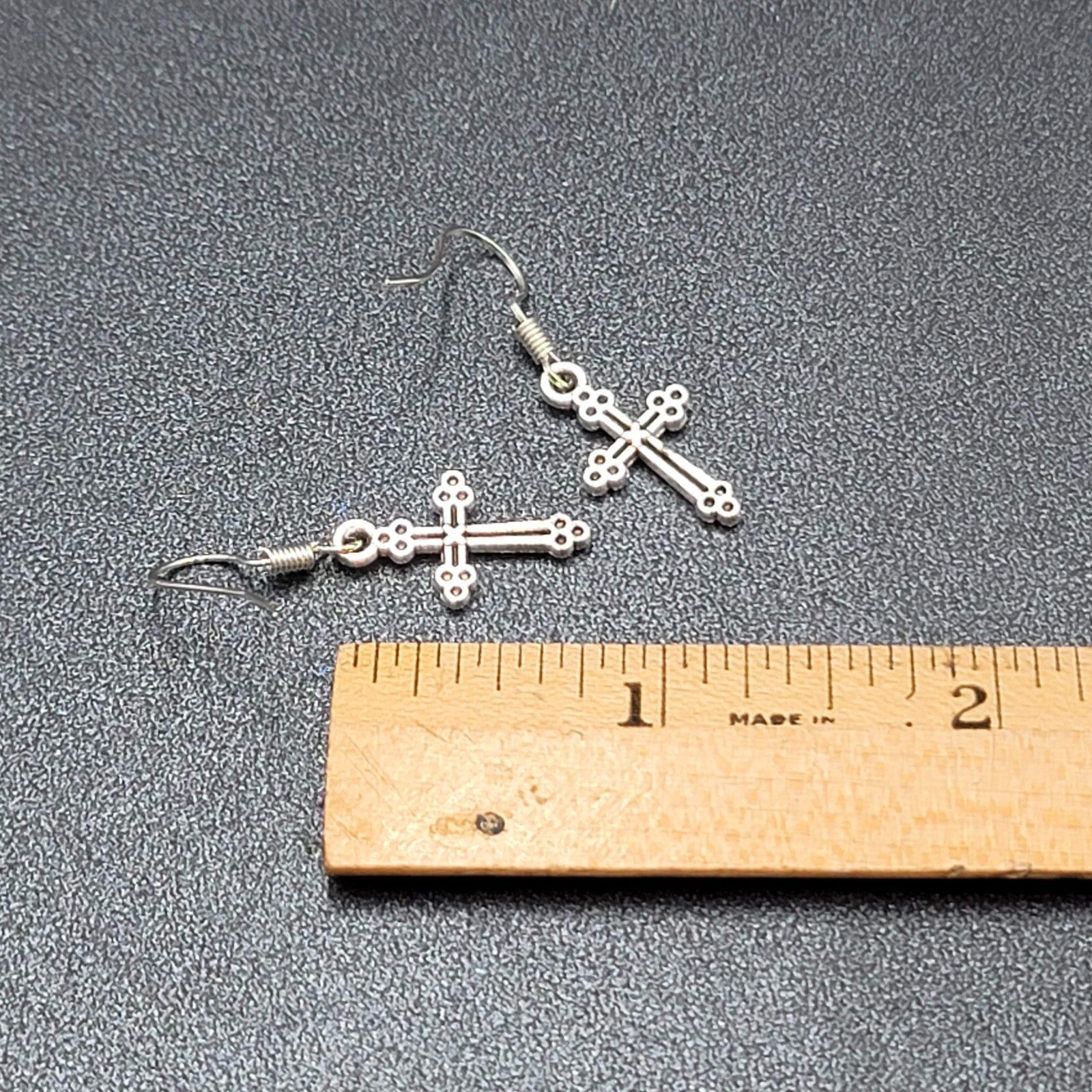 Pierced Earrings Cross Silver tone Dangle 7/8"