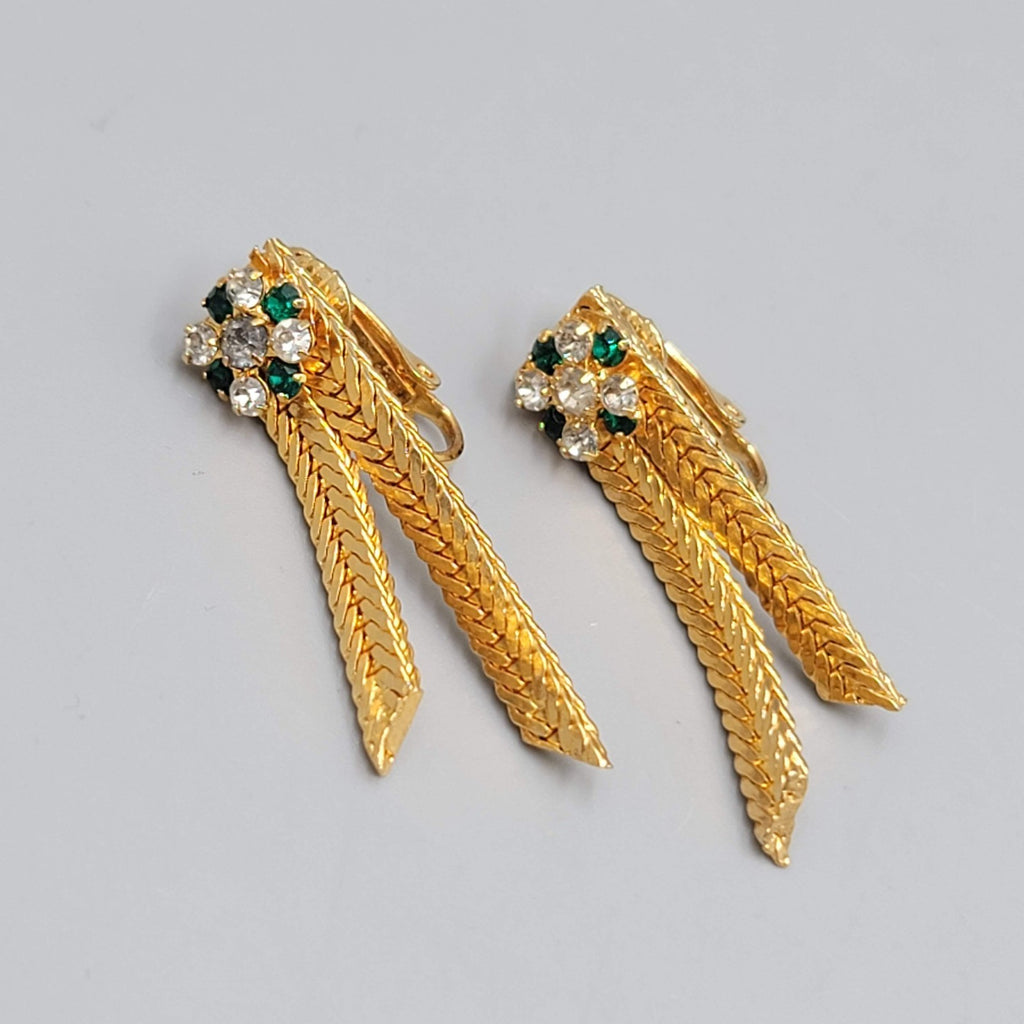 Vintage Green Rhinestone Clip on Earrings Gold tone Herringbone Dangle 1.5 in