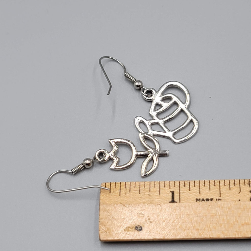 Gardener Pierced Earrings Garden Flower Watercan Silver tone Dangle 1"