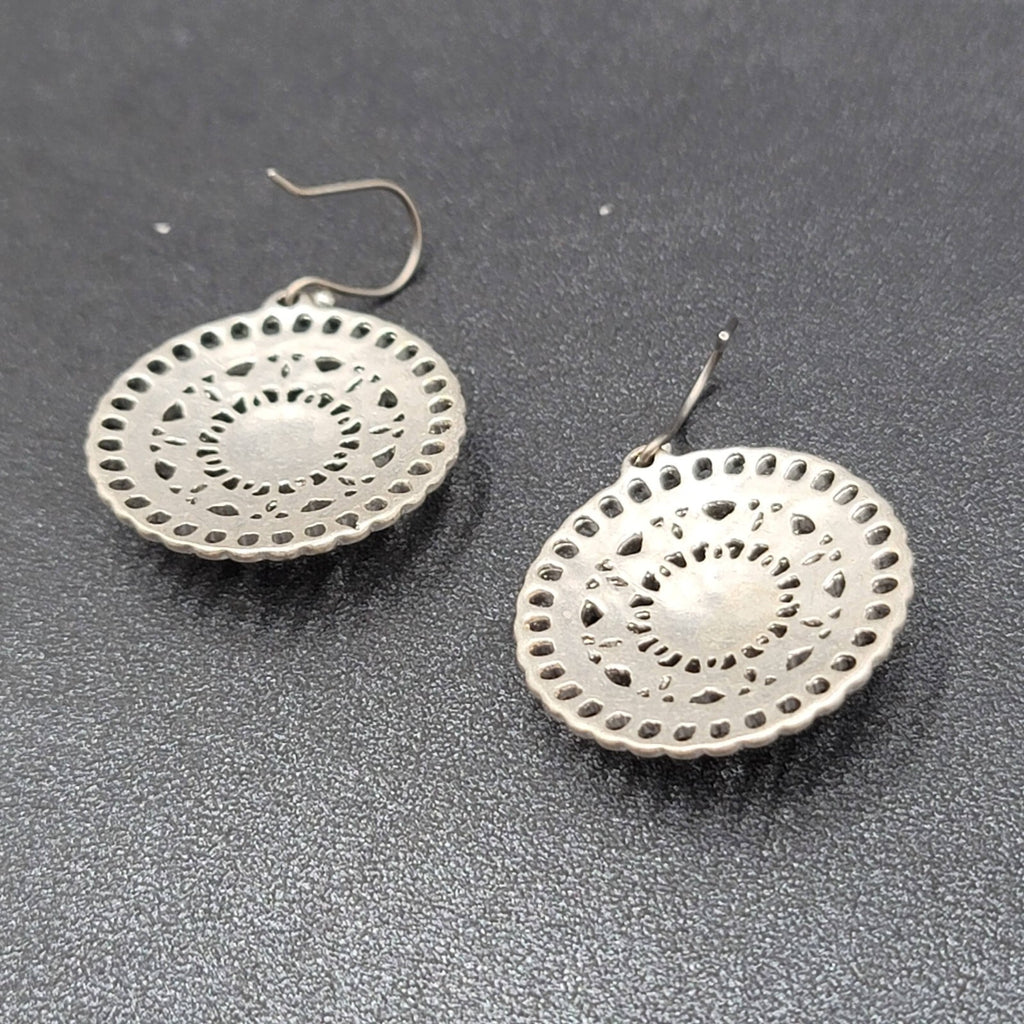 Pierced Earrings Silver tone Faux Pearl Open Work Medallion Dangle 1"