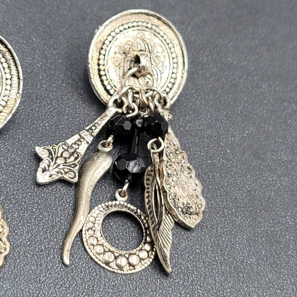 Boho Pierced Earrings Silver tone Black Beads Dangle Charms 2.25"