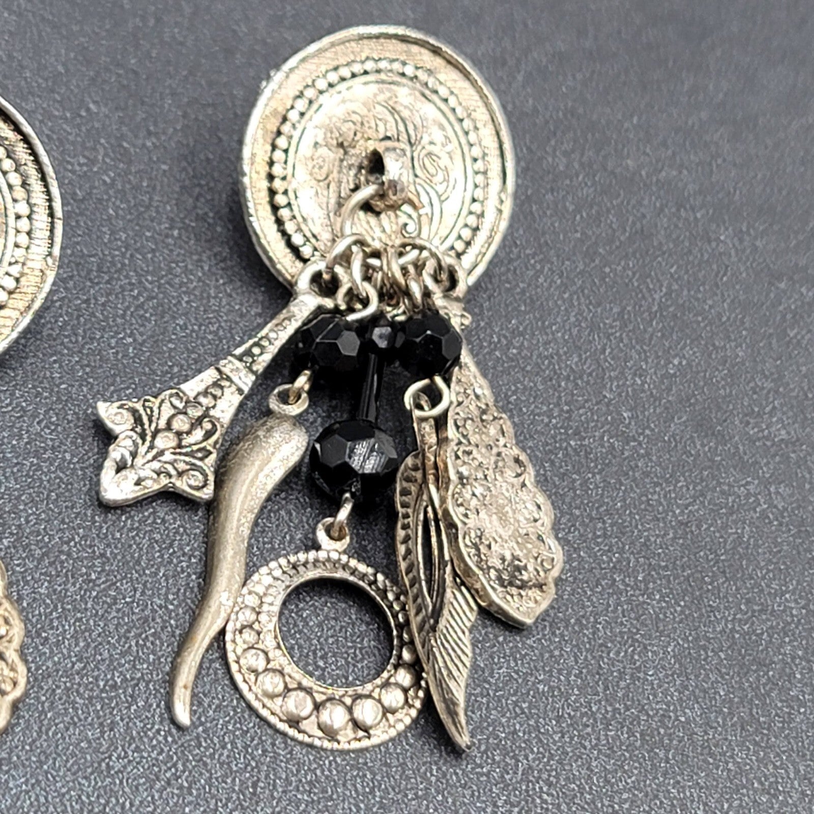 Boho Pierced Earrings Silver tone Black Beads Dangle Charms 2.25"