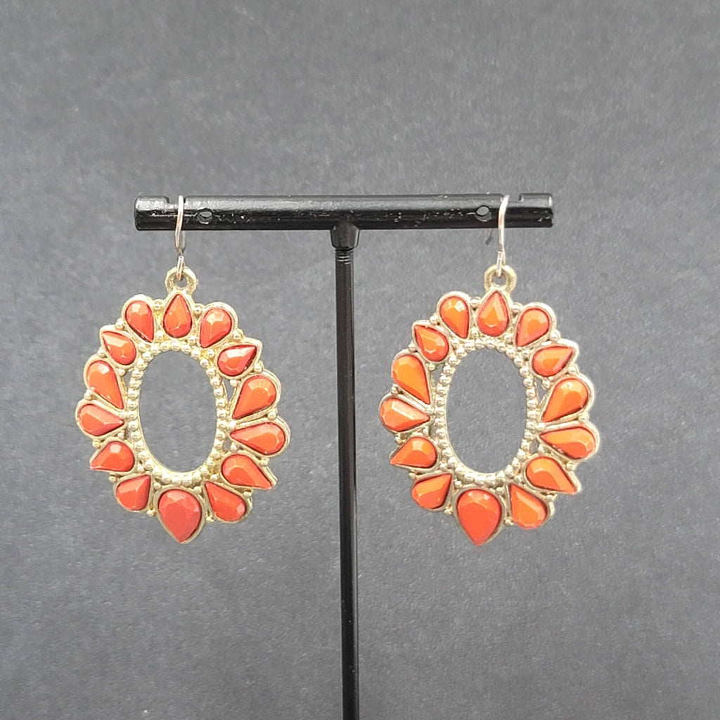 Pierced Earrings Gold tone Orange Open Teardrop Dangle 1.75"