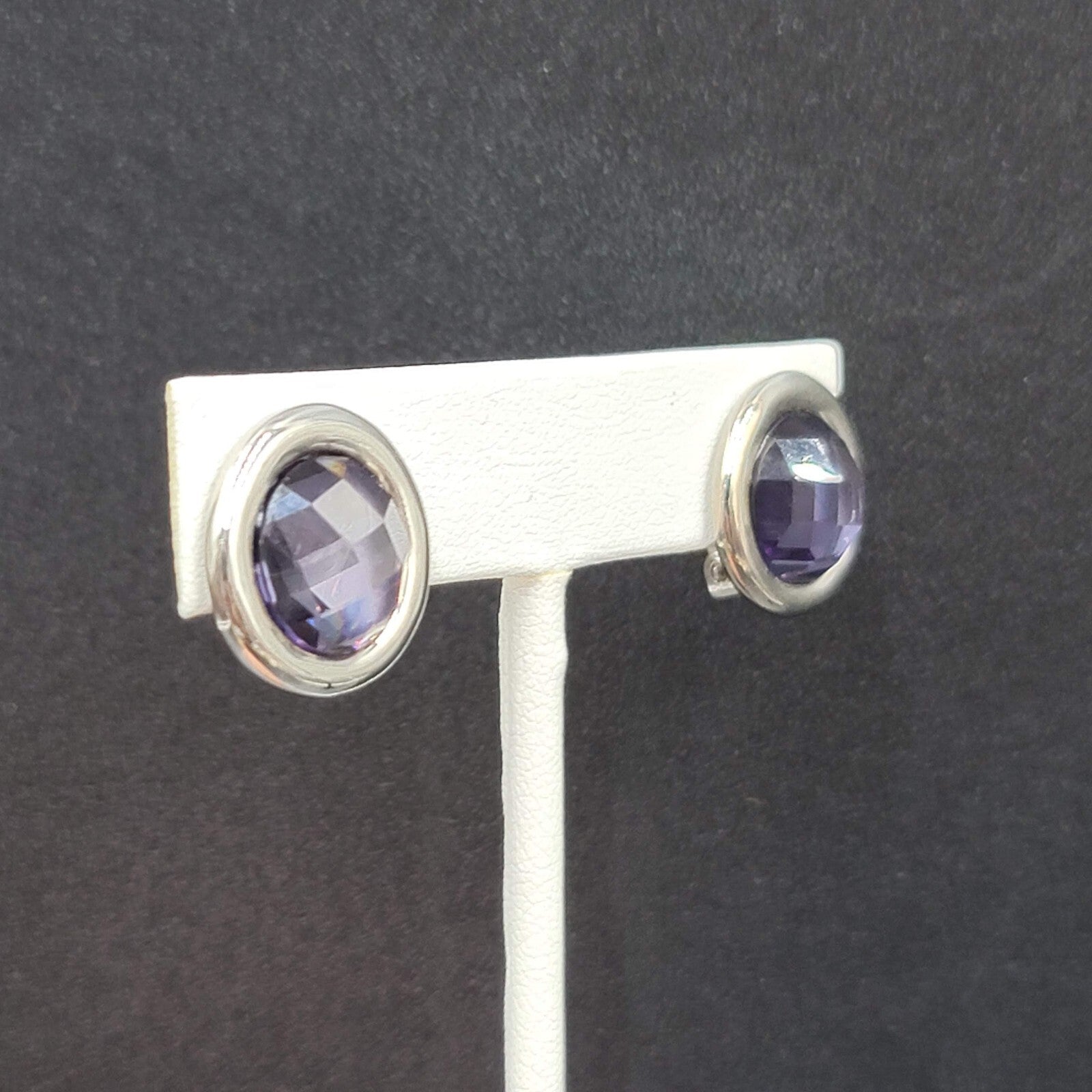 Clip on Earrings Silver tone Purple Faceted Round Stud 5/8"