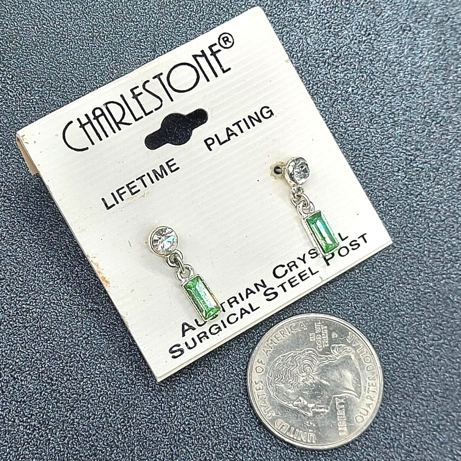 Charleston Pierced Earrings Austrian Green Crystal Silver tone Dangle 3/4"