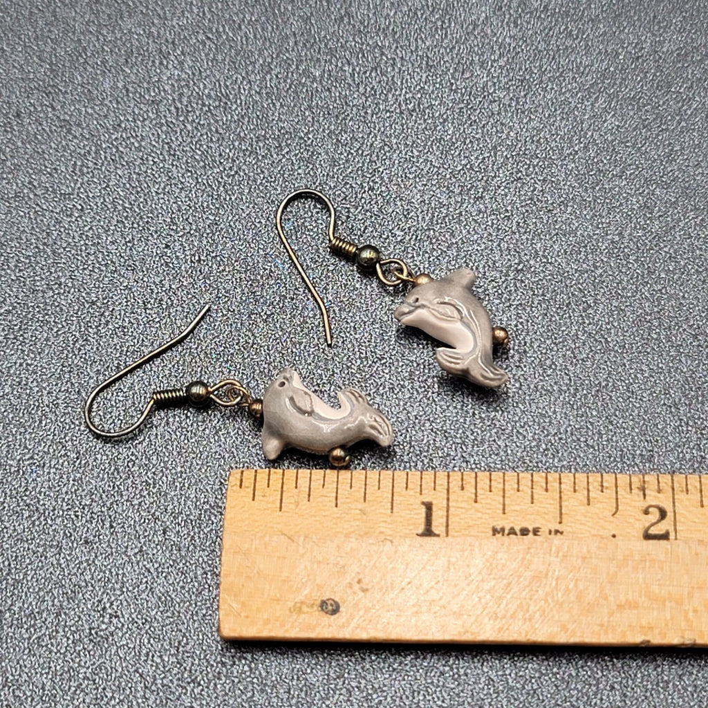 Pierced Earrings Porcelain Dolphin Dangle So Cute! 3/4"