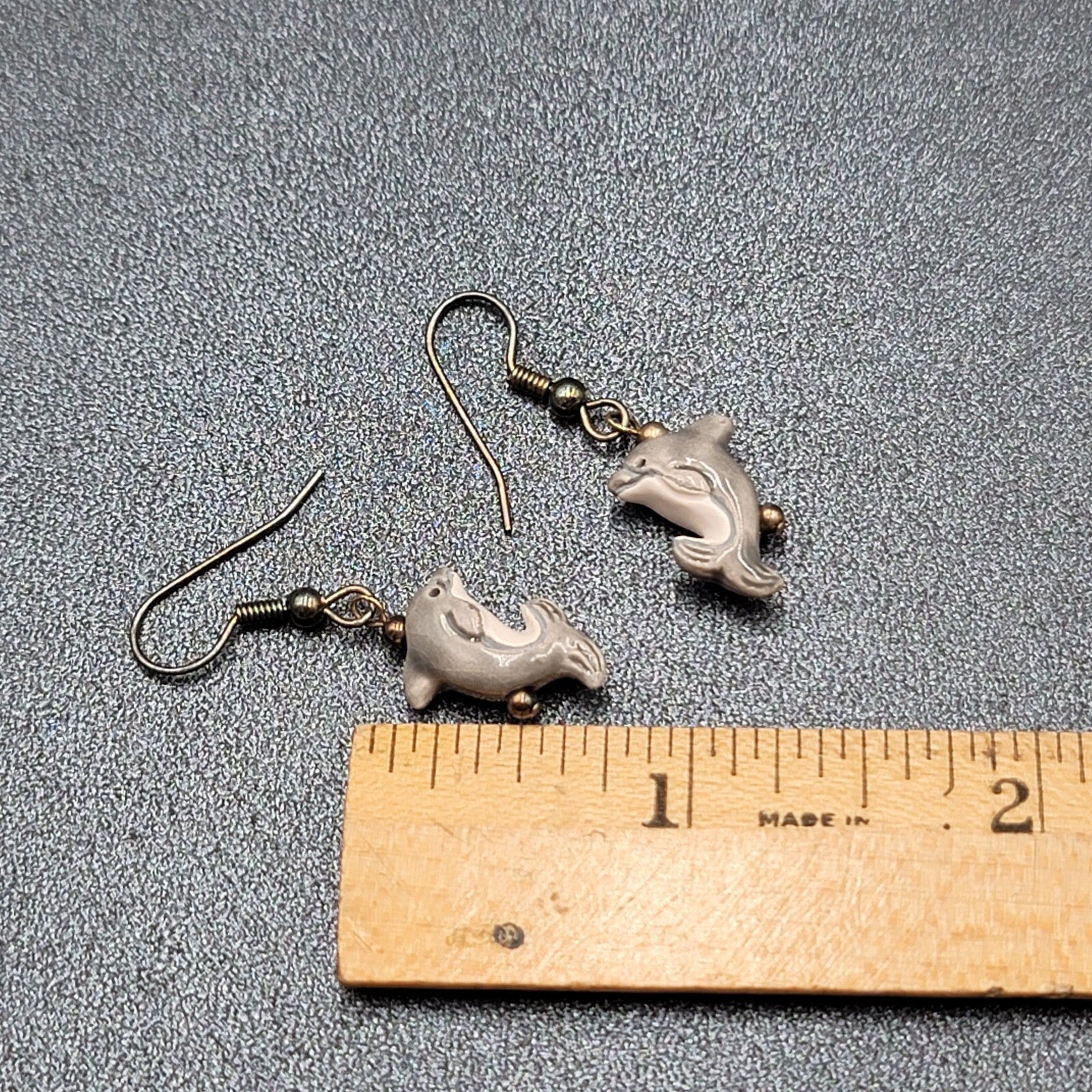 Pierced Earrings Porcelain Dolphin Dangle So Cute! 3/4"