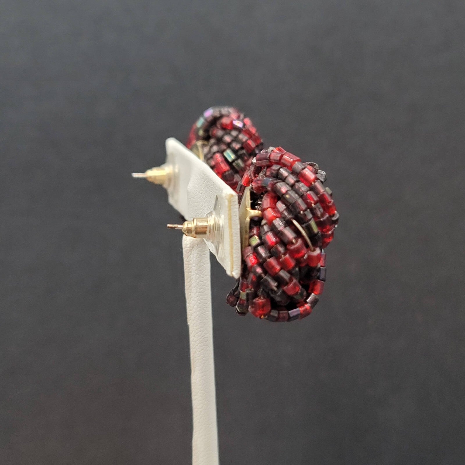 Vintage Pierced Earrings Red Black Seed Bead Cluster Knot 1"