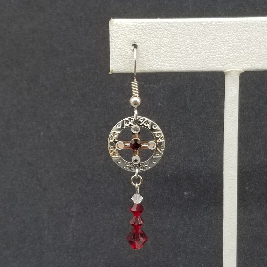 Pierced Earrings Silver tone Open Work Red Crystal Bead Statement Dangle 1 1/2"