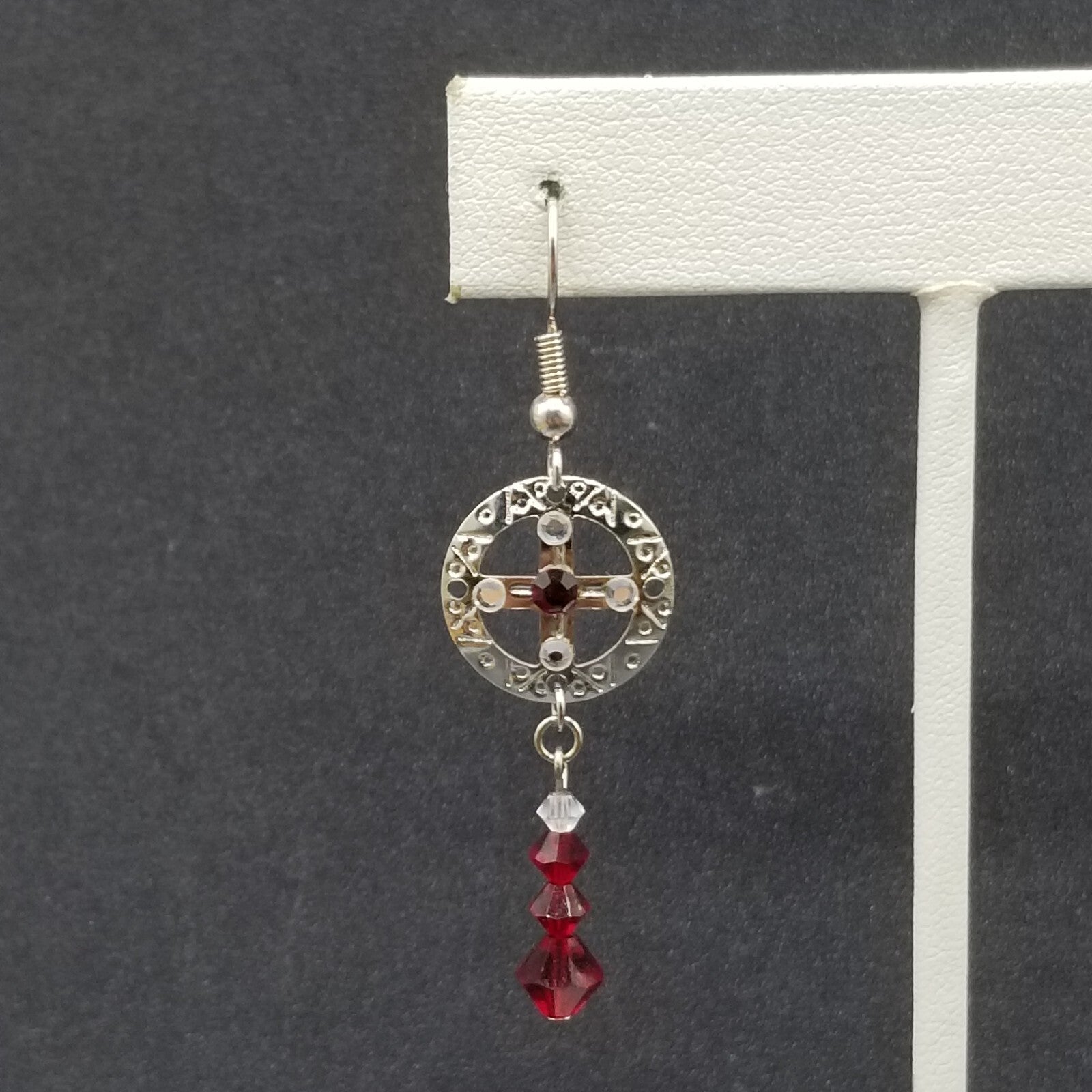 Pierced Earrings Silver tone Open Work Red Crystal Bead Statement Dangle 1 1/2"
