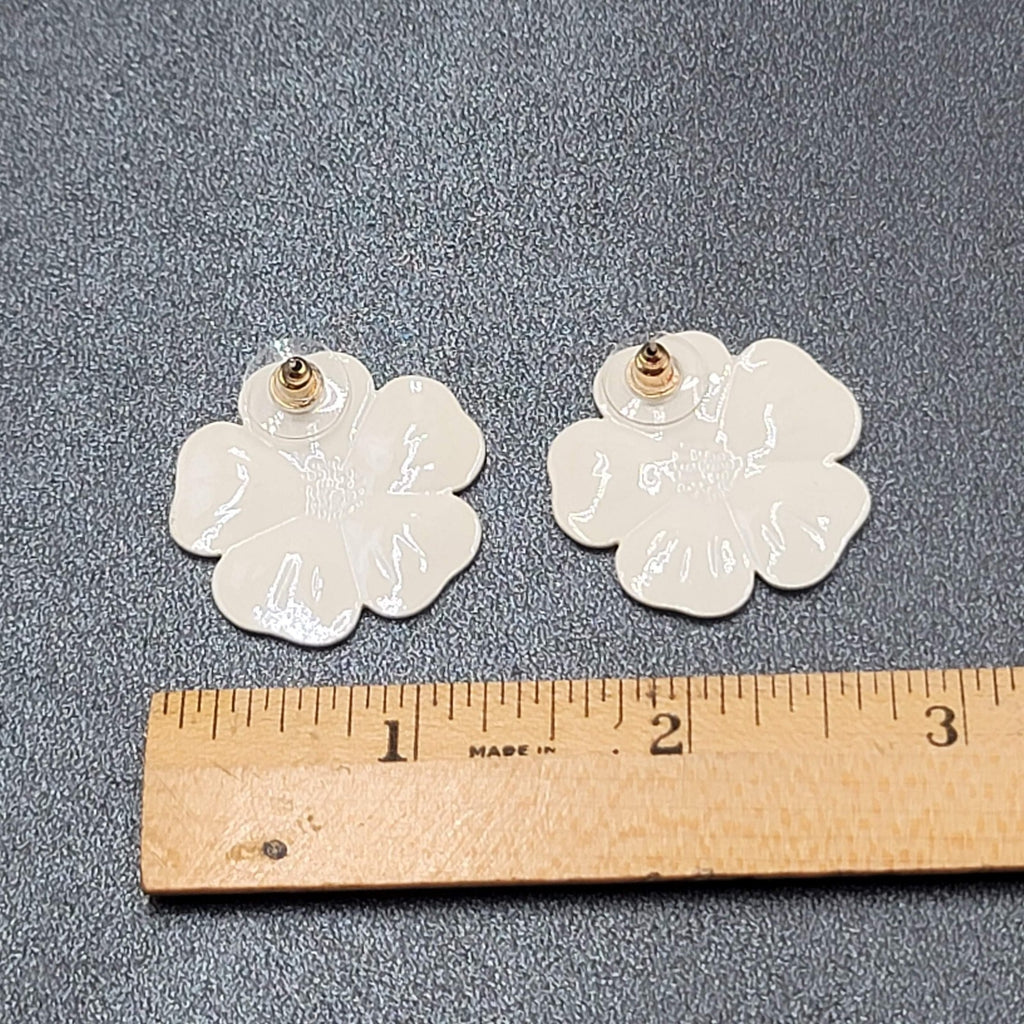 Pierced Earrings Enamel Flower Iridescent Drop 1.25"