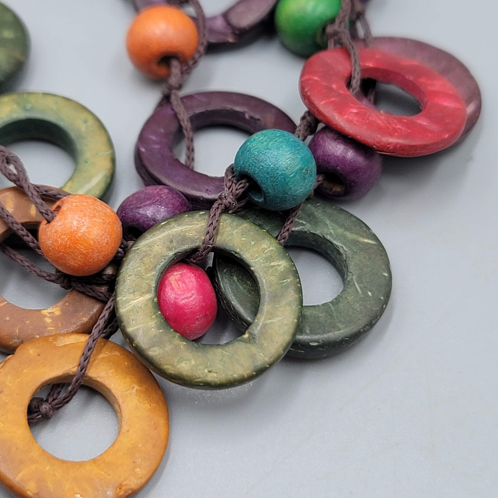 Multicolor Coconut Shell and Wood Bead Bracelet Button Closure 7.5"