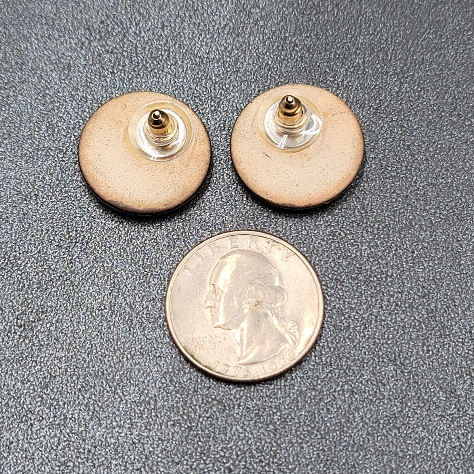 Vintage Pierced Earrings Black Gold Painted Round Ceramic Studs 3/4"