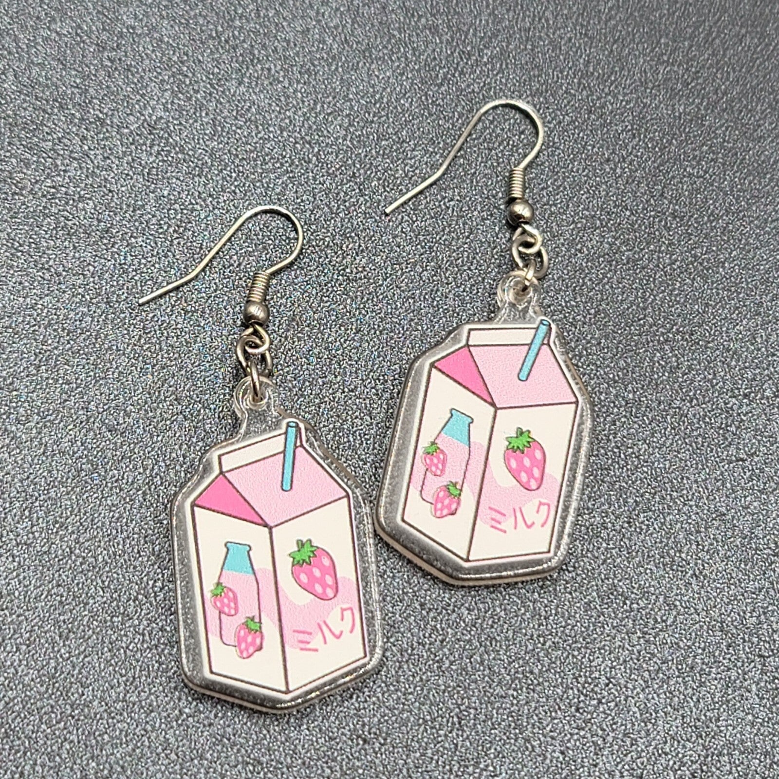 Strawberry Milk Pierced Earrings Acrylic Dangle Silver tone Hooks 1.5"