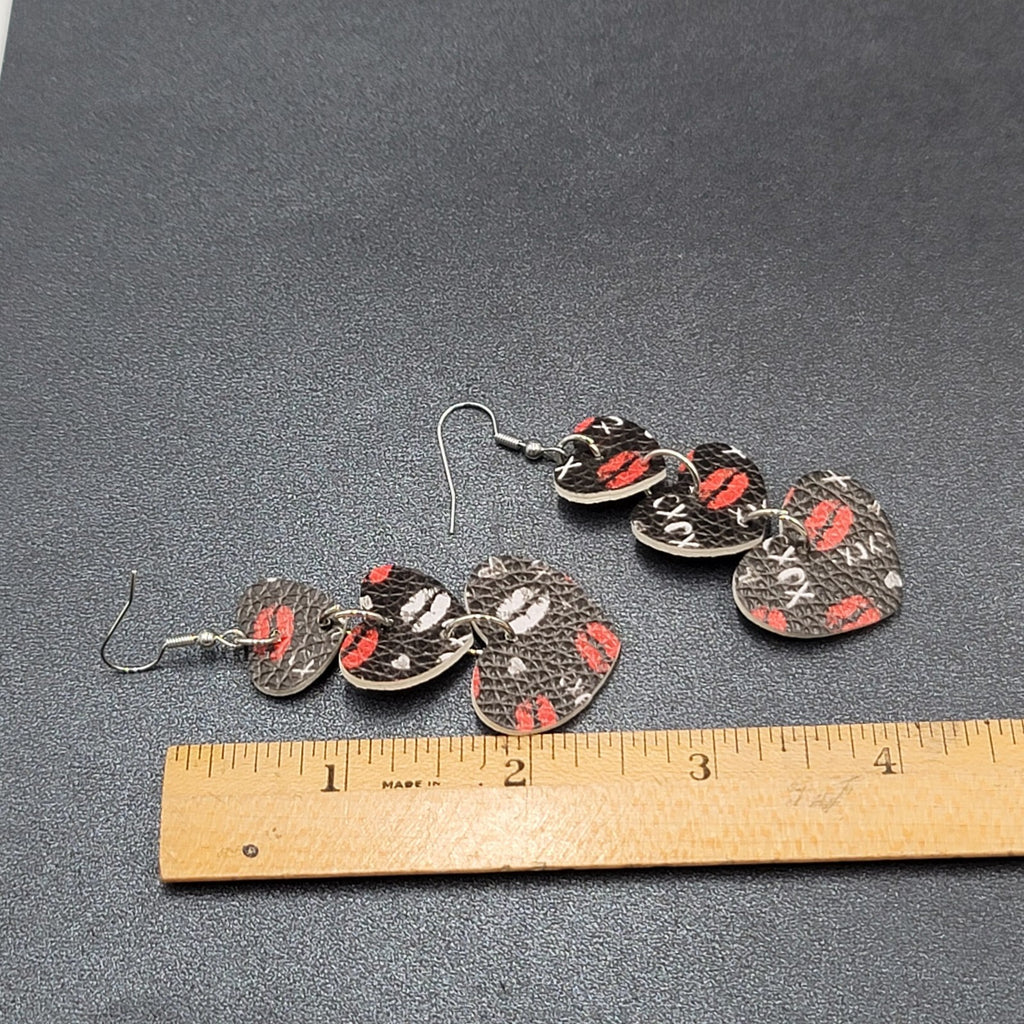 Pierced Earrings Black Faux Leather Kisses Hearts Silver tone Dangle 2.25"
