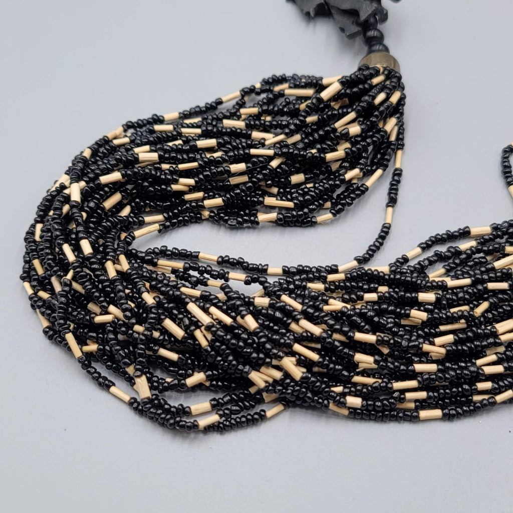 Large Statement Elephant Necklace Black Seed Bead Multi Strand 42"