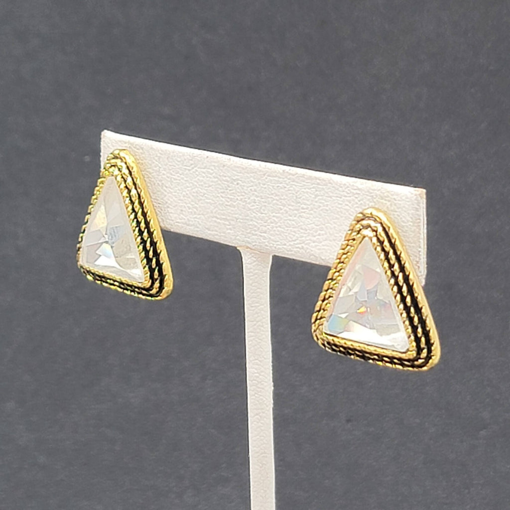 Pierced Earrings Gold tone Faceted Crystal Triangle Drop 1" SO Sparkly!!