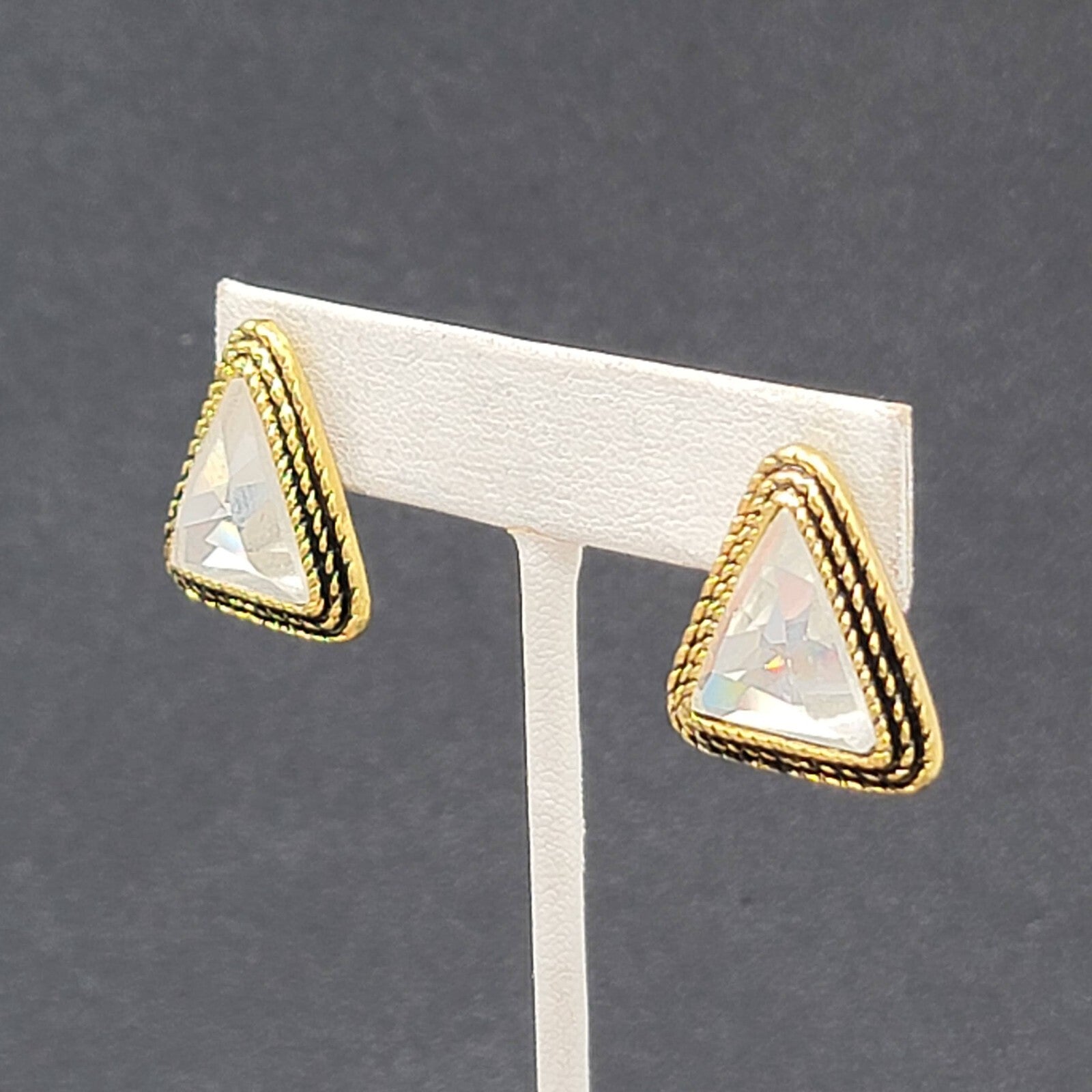 Pierced Earrings Gold tone Faceted Crystal Triangle Drop 1" SO Sparkly!!