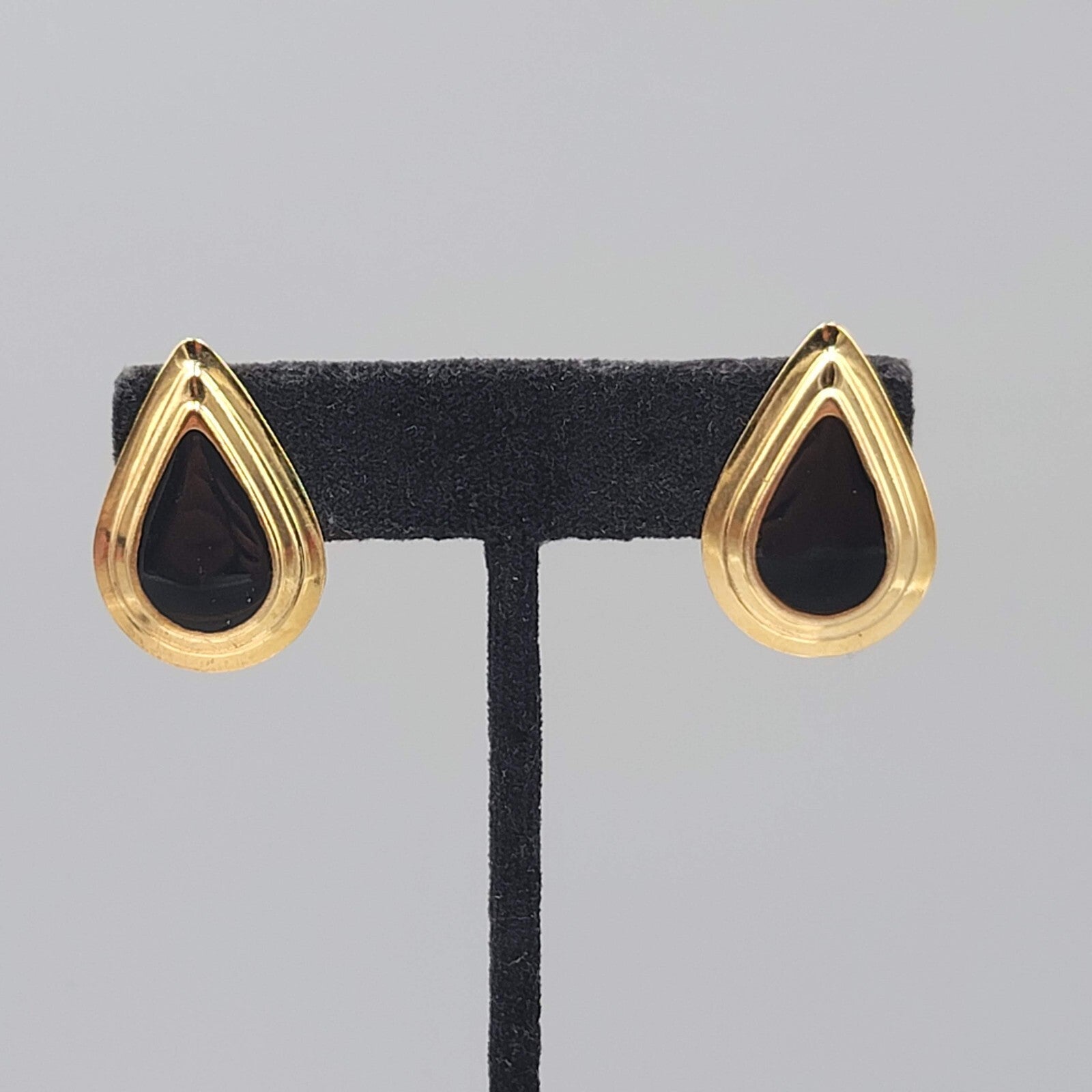 Vintage Pierced Earrings Gold tone Black Enamel Teardrop Lightweight 1"
