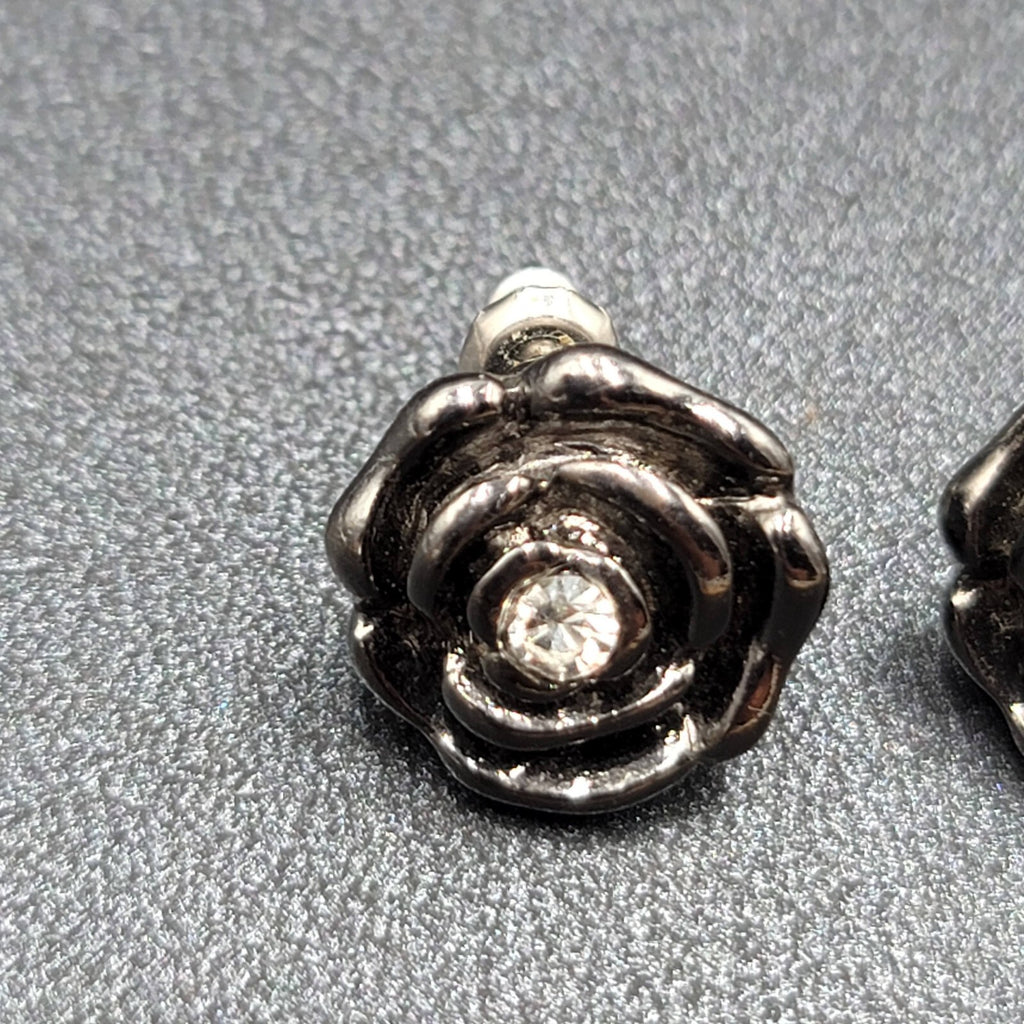 Pierced Earrings Black Metal Rose Flower Studs Crystal Center 1/2"