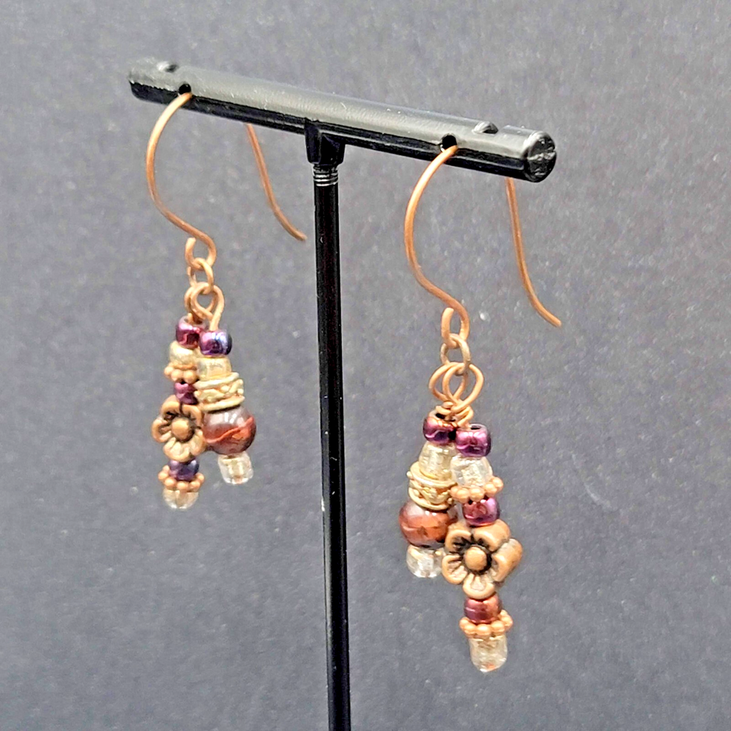 Pierced Earrings Copper tone Red Bead Dangle Flower  1.25"