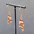 Pierced Earrings Copper tone Red Bead Dangle Flower  1.25"