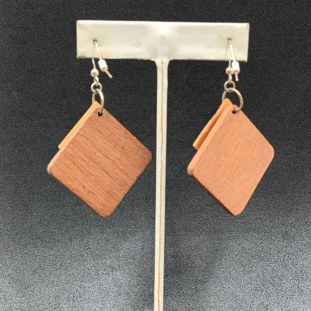 Pierced Earrings Wood Shell Square Geometric Silver tone Hook Dangle 1 3/4"