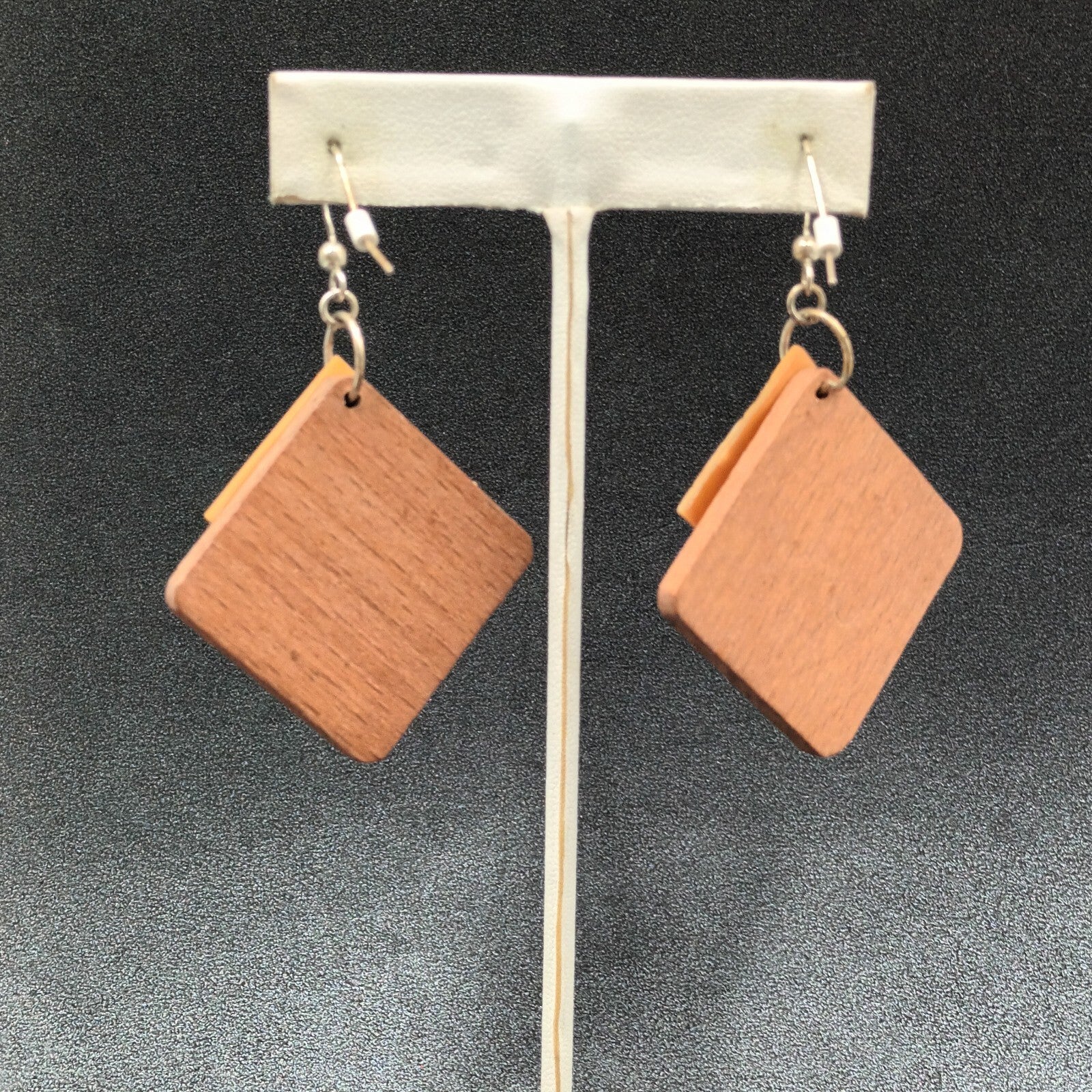 Pierced Earrings Wood Shell Square Geometric Silver tone Hook Dangle 1 3/4"
