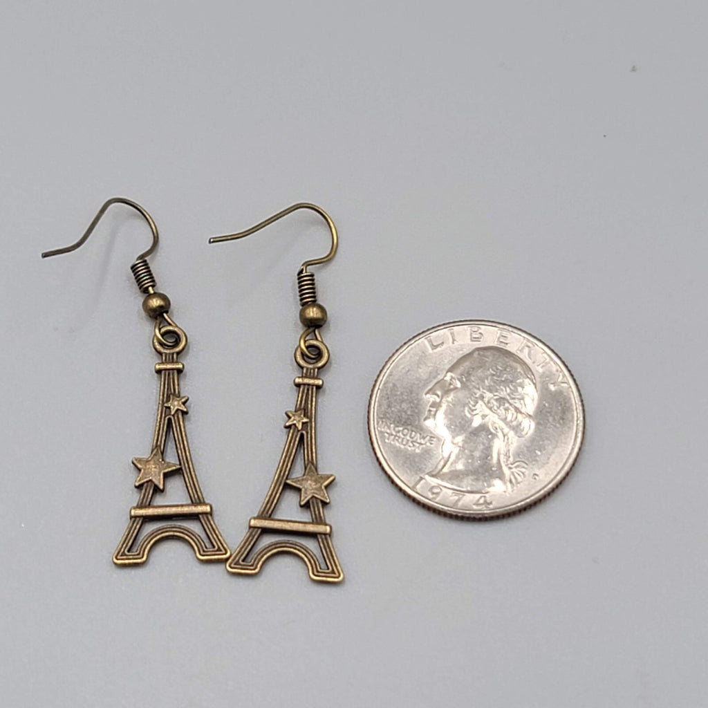 Eiffel Tower Pierced Earrings Bronze tone Stars Dangle NEW 1 1/8"