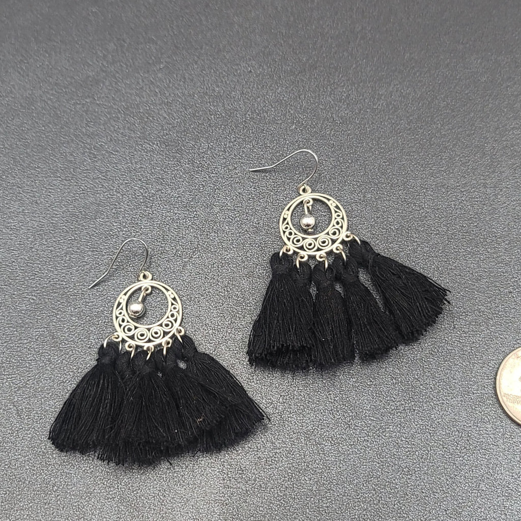 Pierced Earrings Silver tone Black String Tassel Dangle 2.25"
