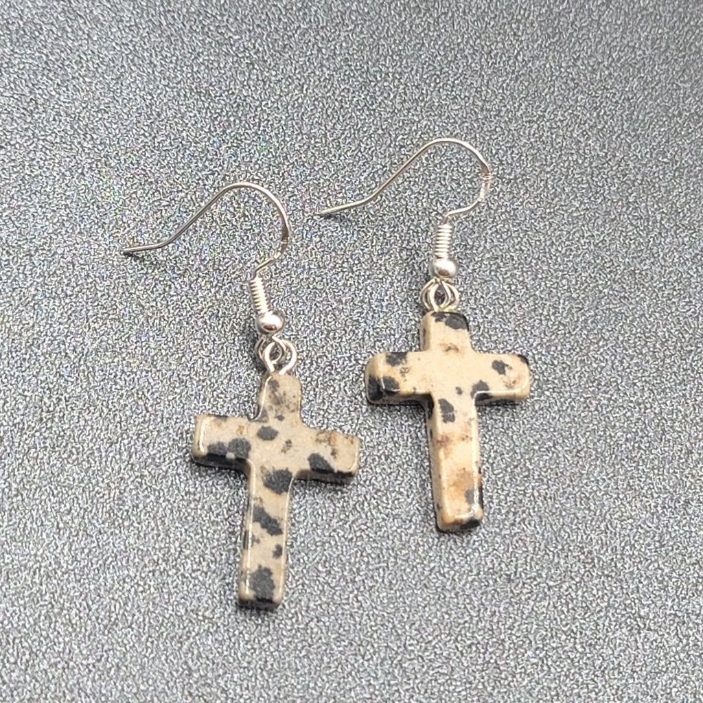 Sterling Silver Cross Pierced Earrings 925 Jasper Stone 1"