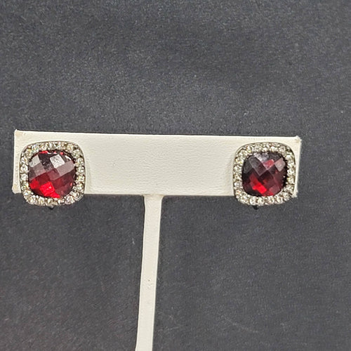 Clip on Earrings Black Metal Red Acrylic Clear Rhinestone Stud  1/2"