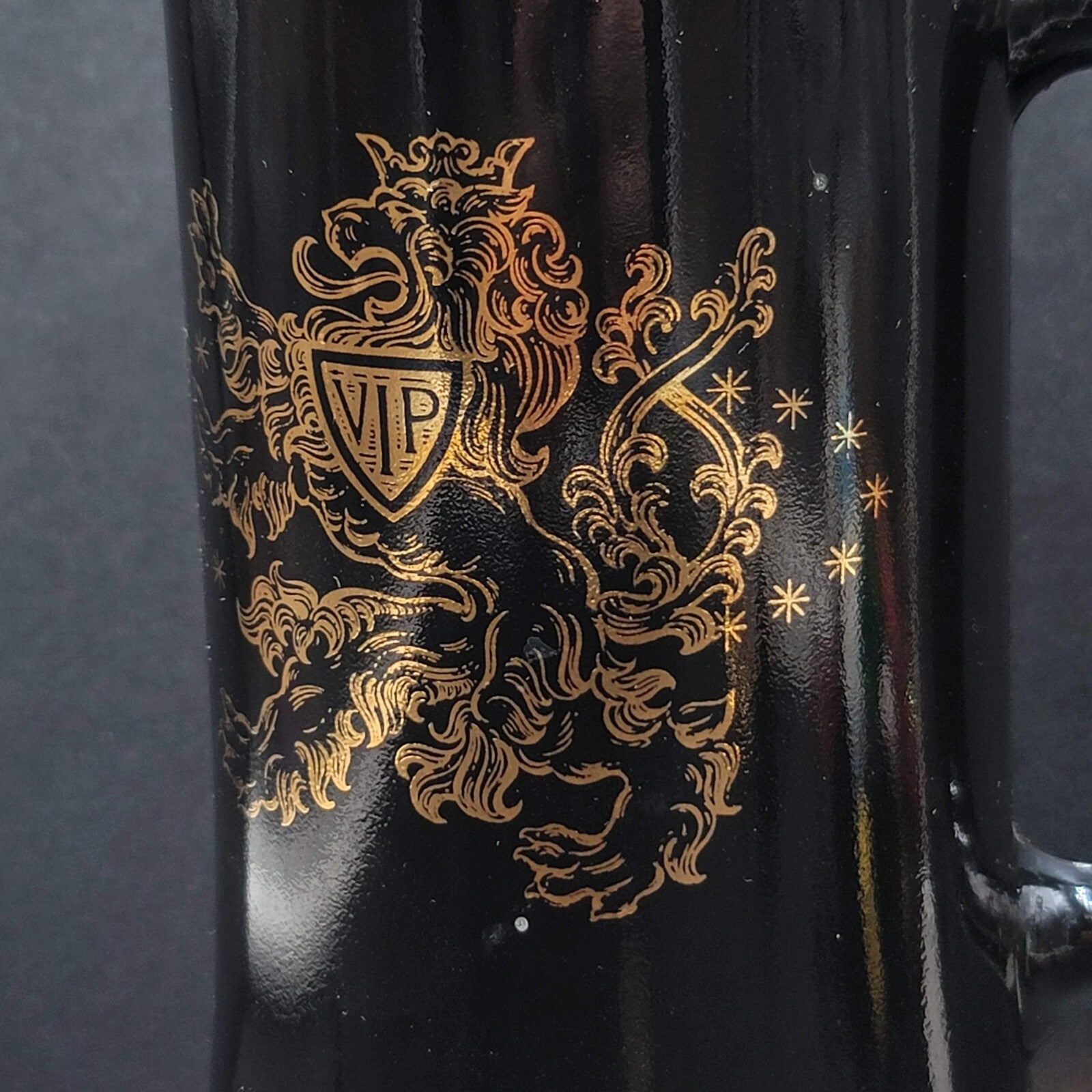 Black and Copper Colored Heavy Tall Beer Stein Glass Mug Lion VIP Three Crowns
