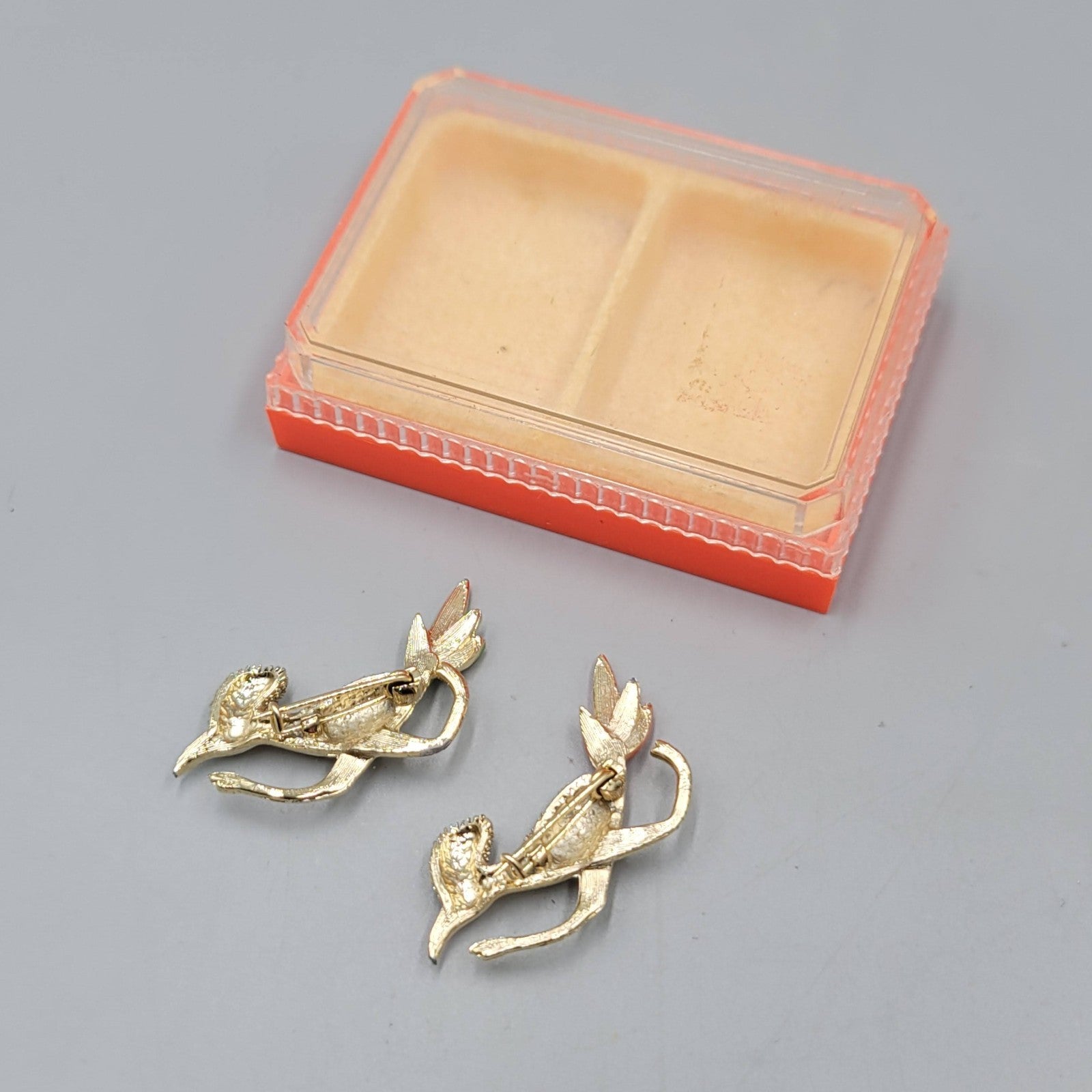 Vintage Roadrunner Brooch Original Box Orange Green Enamel Lot of 2 Gold tone