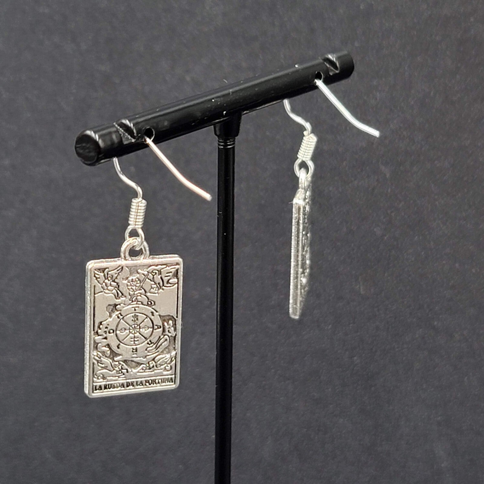 La Rueda de la Fortuna Tarot Card Pierced Earrings Silver tone 1"
