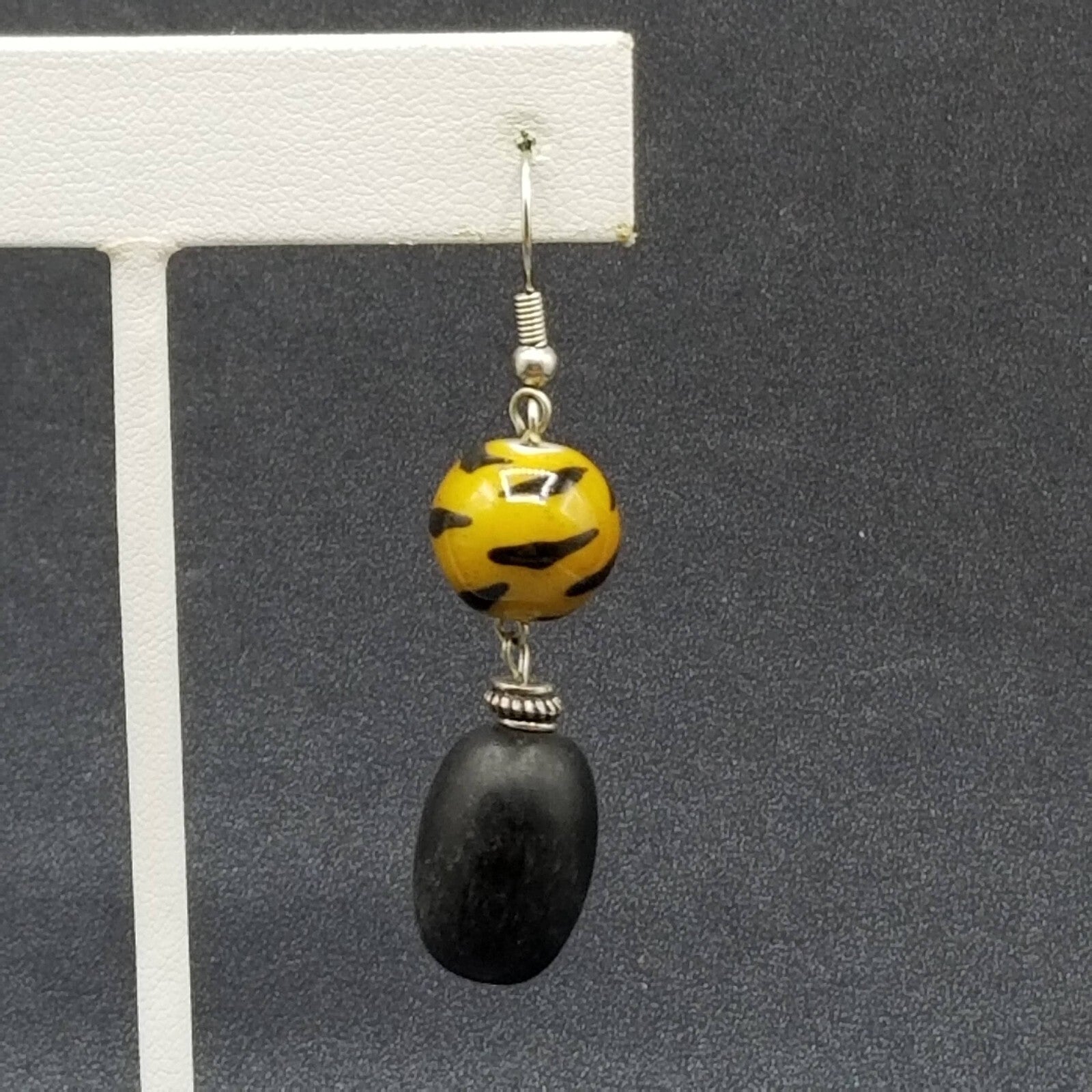 Pierced Earrings Glass Wood Bead Boho Dangle 1 1/2"