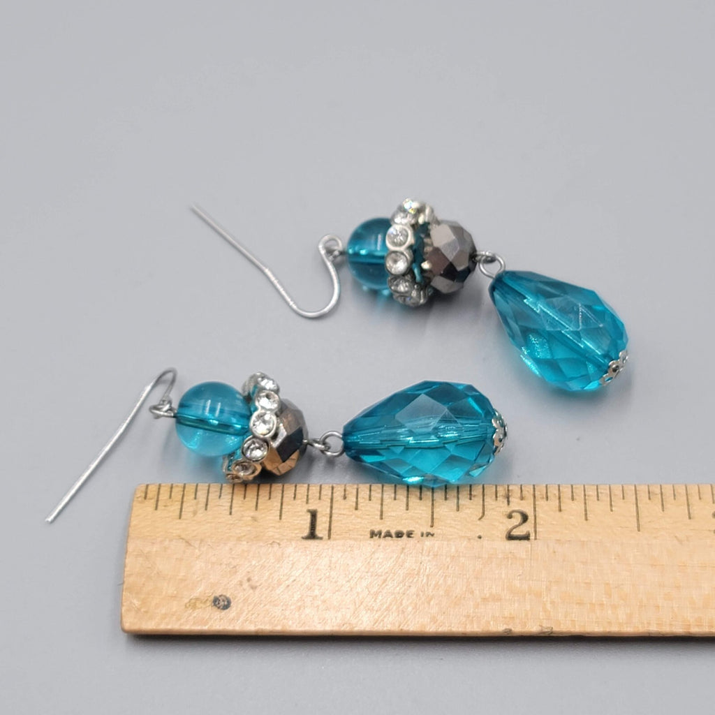 Pierced Earrings Silver tone Rhinestones Blue Faceted Acrylic Teardrop 1.75"