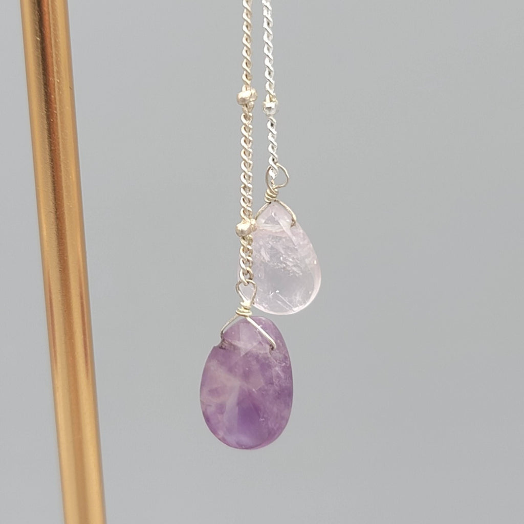 Quartz Amethyst Teardrop Pierced Earrings Silver tone Dangle  2 in