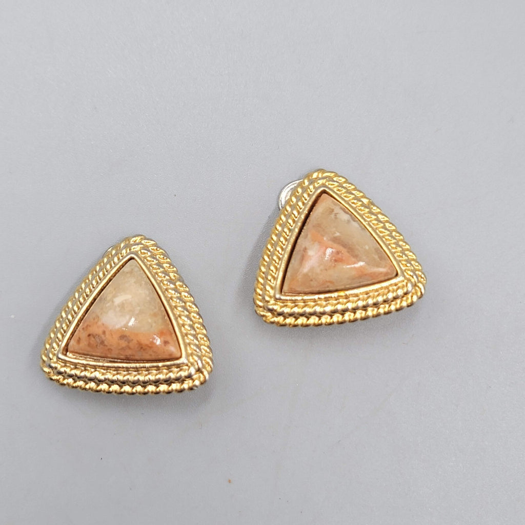 Vintage Triangle Clip on Earrings Gold tone Imitation Stone Center 7/8"