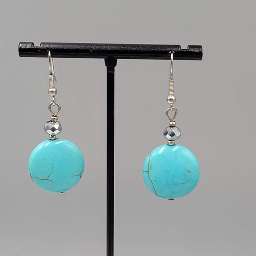 Blue Stone Bead Pierced Earrings Black Accent Silver tone Hook Dangle 1.25"