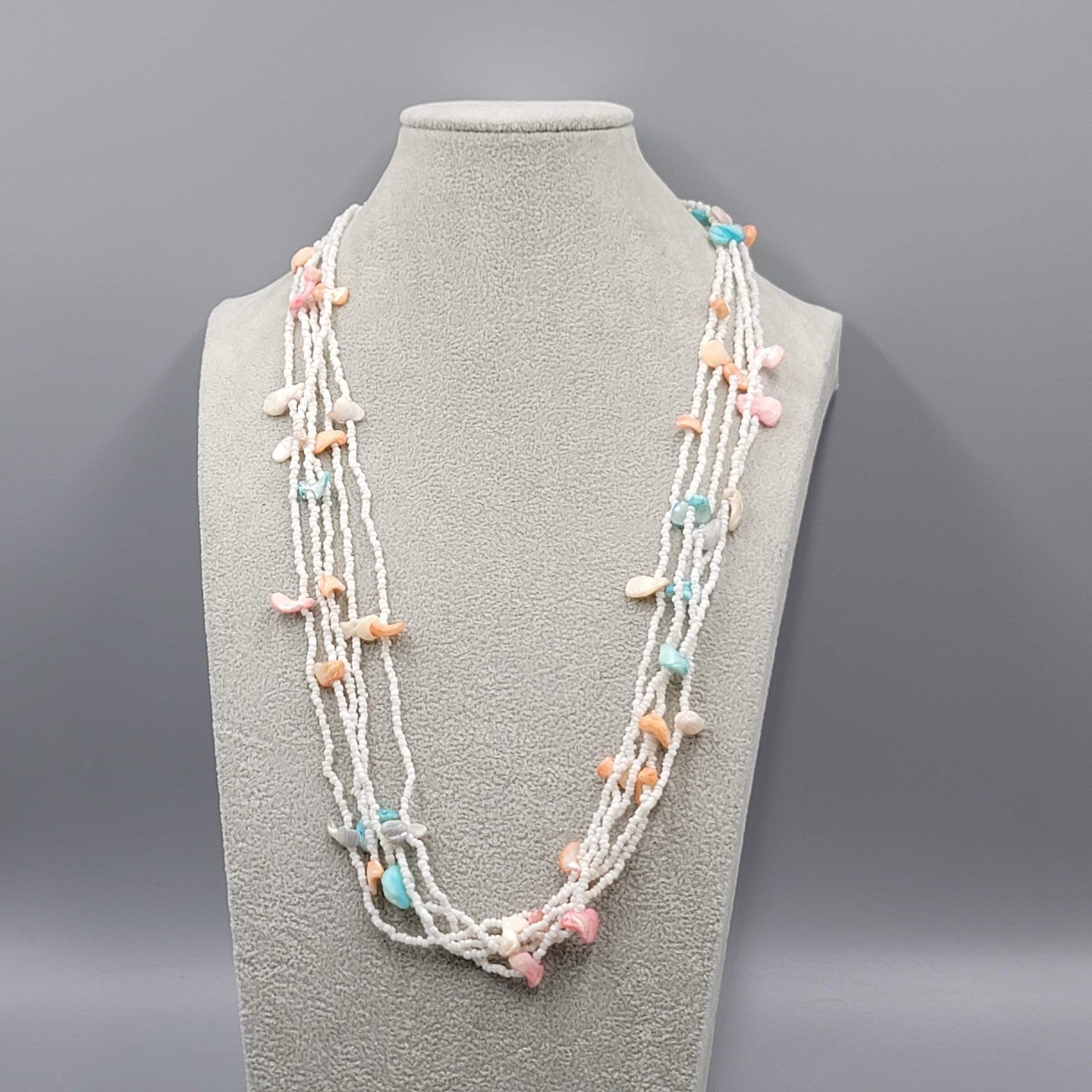 Vintage Multicolor Shell Necklace 5 Strand White Seed Bead  24"