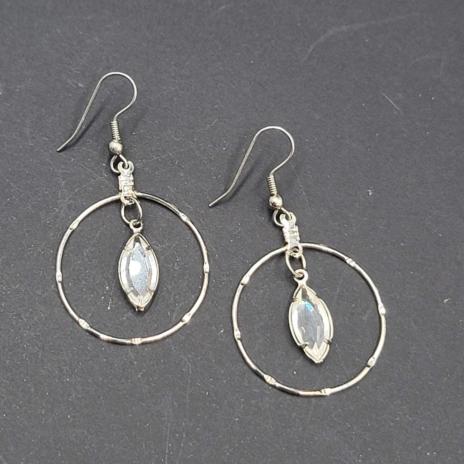 Silver tone Dangle Hoop Pierced Earrings Rhinestone Accent 1.5"