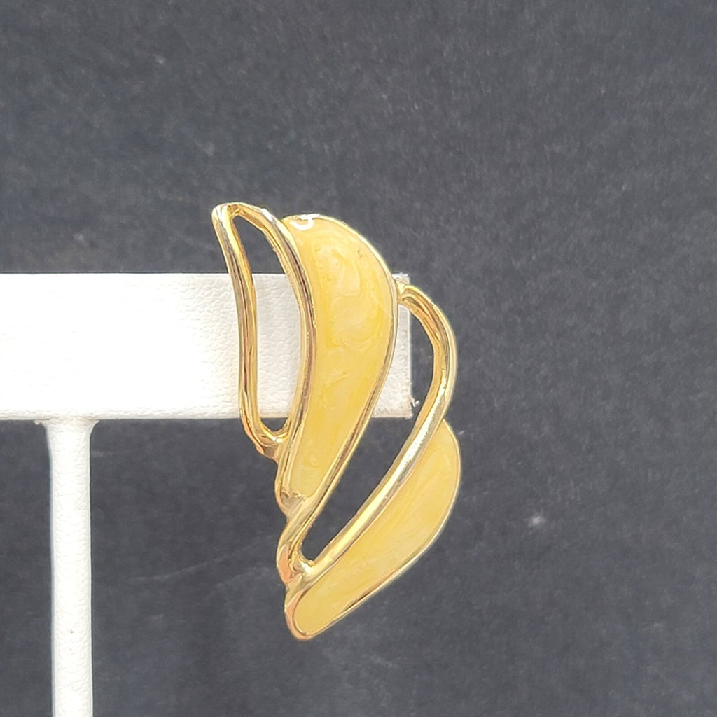 Vintage Pierced Earrings Gold tone Swirl Yellow Enamel Drop Statement 1.75"