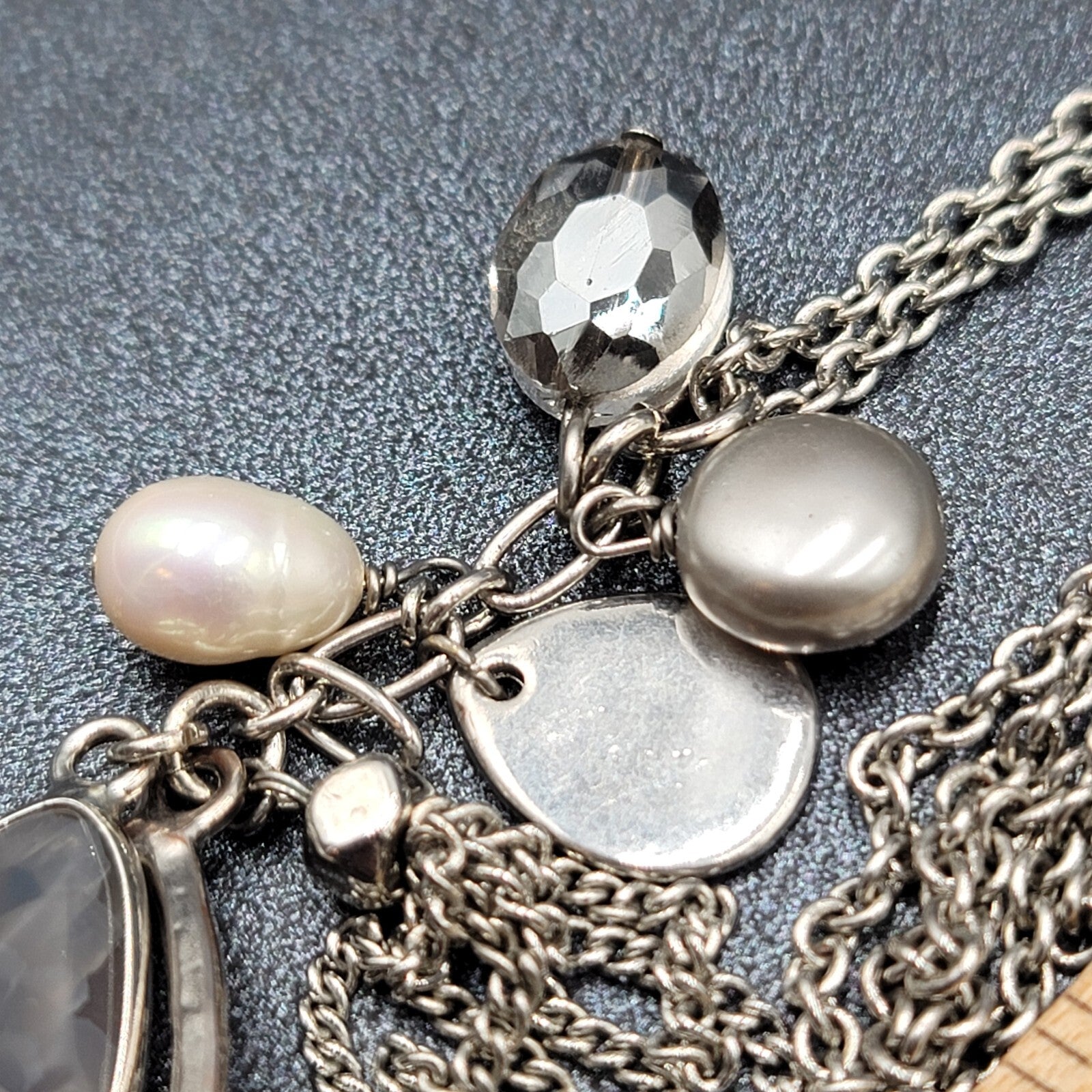 LOFT Pendant Necklace Silver tone Gray Stone Pearl LONG 32"