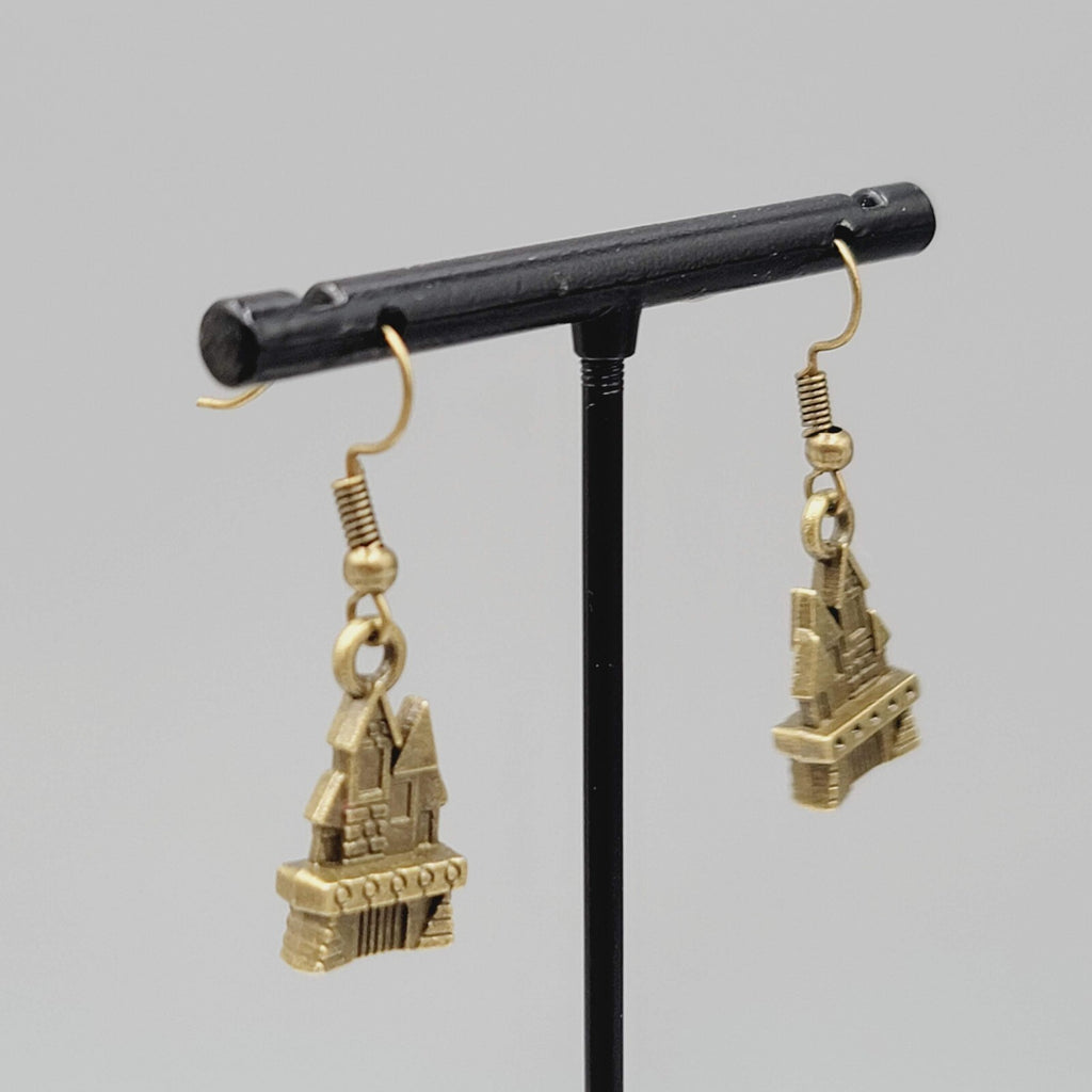 Castle House Pierced Earrings Bronze tone Embossed Dangle New 7/8"