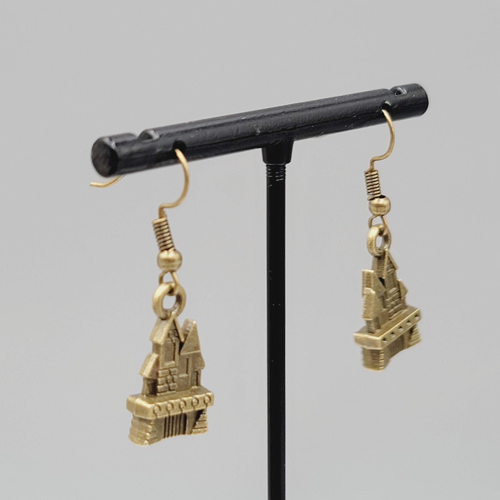 Castle House Pierced Earrings Bronze tone Embossed Dangle New 7/8"